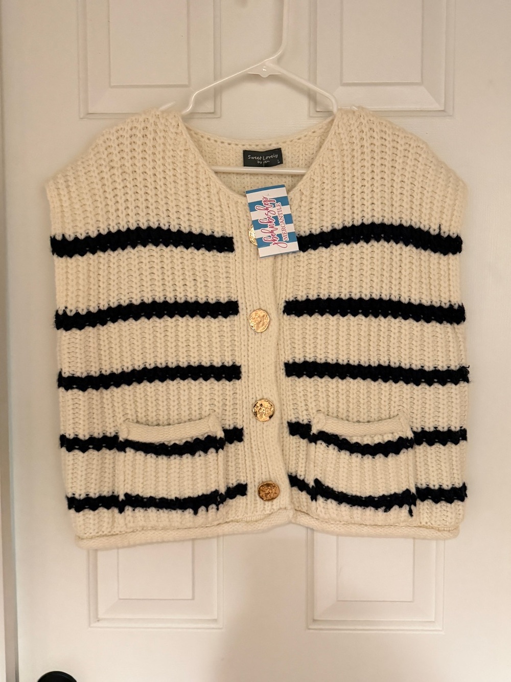 Sweet Love Cream and Navy Striped Chunky Knit Cardigan Vest